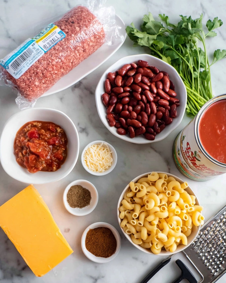 The image shows a white plate with a roll of ground beef wrapped in packaging, placed on the top left, and a bunch of fresh green herbs beside it. In the middle, there is a white bowl filled with red kidney beans. To the right of the bowl, a white can filled with tomato sauce is open, showing the red sauce inside. Scattered in the lower right is a small pile of uncooked elbow macaroni pasta in a light yellow color. On the lower left side, a small white bowl holds a reddish chunky salsa, while another small white bowl next to it contains brown chili powder. Below these bowls, there is a block of yellow cheese sitting on a metal grater with black handles. The surface beneath everything is white with a marbled texture, and everything is nicely arranged for a cooking setup. photo taken with an iphone --ar 4:5 --v 7