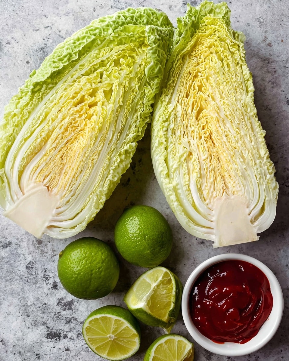 Two halves of a napa cabbage show many layers, starting with pale green leafy edges that turn into tightly packed yellow and white inner leaves arranged neatly from outside to core. Below the cabbage pieces, there are several lime halves and one whole lime, all in fresh green with smooth textures. Next to the limes, a small white bowl holds thick red sauce with shiny surface. The items rest on a white marbled texture surface. photo taken with an iphone --ar 4:5 --v 7