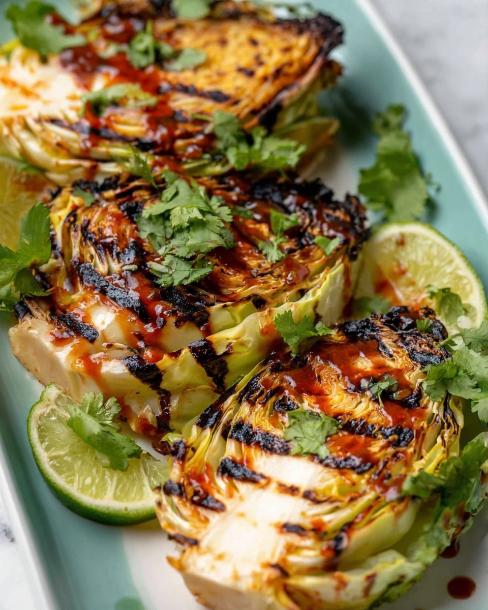 The image shows three pieces of grilled cabbage placed close together on a white plate with a white marbled surface in the background. Each piece has several layers of green and light yellow leaves with dark grill marks creating a striped pattern. The top layers have a shiny sauce with a reddish-brown color spread unevenly, and green cilantro leaves are scattered on top. Around the cabbage pieces, there are lime wedges with bright green and light yellow tones. Photo taken with an iphone --ar 4:5 --v 7