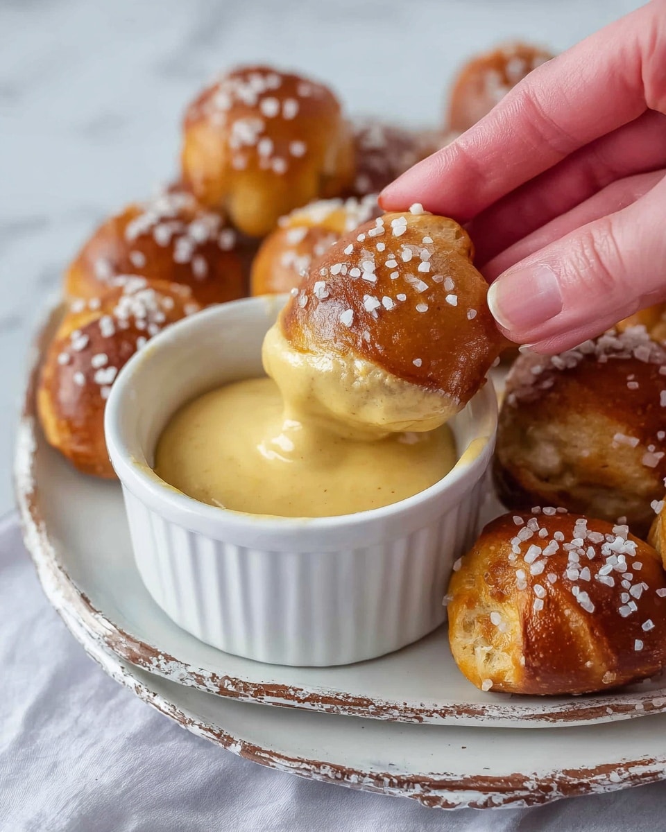 A close-up image shows a woman's hand holding a small, shiny golden-brown pretzel bite topped with coarse white salt, dipping it into a creamy, smooth yellow mustard sauce in a small white ramekin. The ramekin and many more pretzel bites are arranged on a cracked, white plate with a slightly worn edge, all sitting on a white marbled surface. The pretzel bites have a soft, slightly glossy texture with visible salt crystals, and the mustard sauce looks thick but smooth. photo taken with an iphone --ar 4:5 --v 7