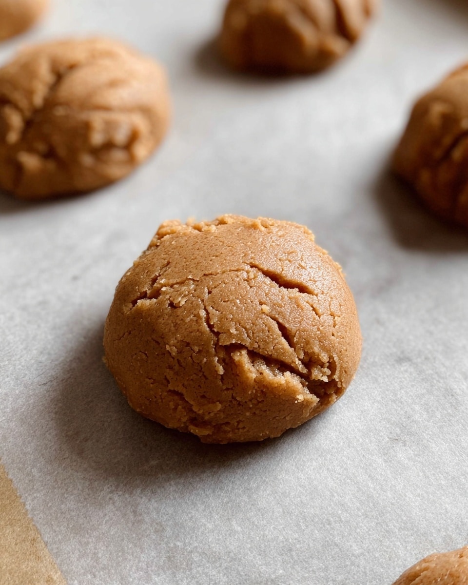 The image shows round scoops of brown cookie dough placed on a baking sheet lined with light brown parchment paper. The dough scoops are roughly shaped in a slightly craggy texture, with visible small cracks and soft edges, creating a rough but uniform appearance. The cookie dough is a warm light brown color, looking thick and slightly sticky. One scoop is centered in the image, surrounded by others partially visible near the corners, all resting flat on the parchment. The background surface under the baking sheet is a white marbled texture. photo taken with an iphone --ar 4:5 --v 7