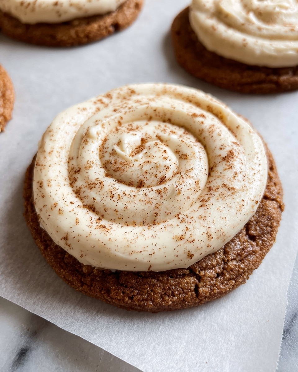 A round, brown cookie with a slightly cracked texture forms the base layer, topped with a thick, creamy white frosting spread in a neat spiral covering the entire top. The frosting is sprinkled with a light dusting of brown cinnamon powder, adding a speckled pattern. The cookie rests on a sheet of light-colored parchment paper, with parts of other similar cookies visible around it. The scene is set against a white marbled surface. photo taken with an iphone --ar 4:5 --v 7
