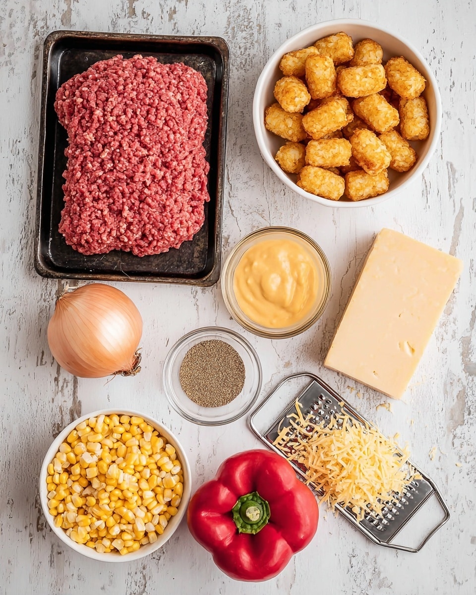 The image shows eight cooking ingredients arranged neatly on a white marbled surface. At the top left, a rectangular black tray holds raw ground beef with a red, slightly textured surface. To its right, a white bowl filled with golden, crispy tater tots is placed. Below the beef, a small round clear glass bowl contains a creamy orange sauce. Next to it, a tiny white bowl holds coarse brown spices. Below, there is an unpeeled round onion with a pale brown skin, and next to it, a bright red bell pepper with a smooth shiny surface. At the bottom left, a white bowl is filled with yellow corn kernels. On the right side, a vintage metal grater rests on the surface with a block of marbled yellow and white cheese on top, and some thin cheese shreds gathered at the base. Photo taken with an iphone --ar 4:5 --v 7