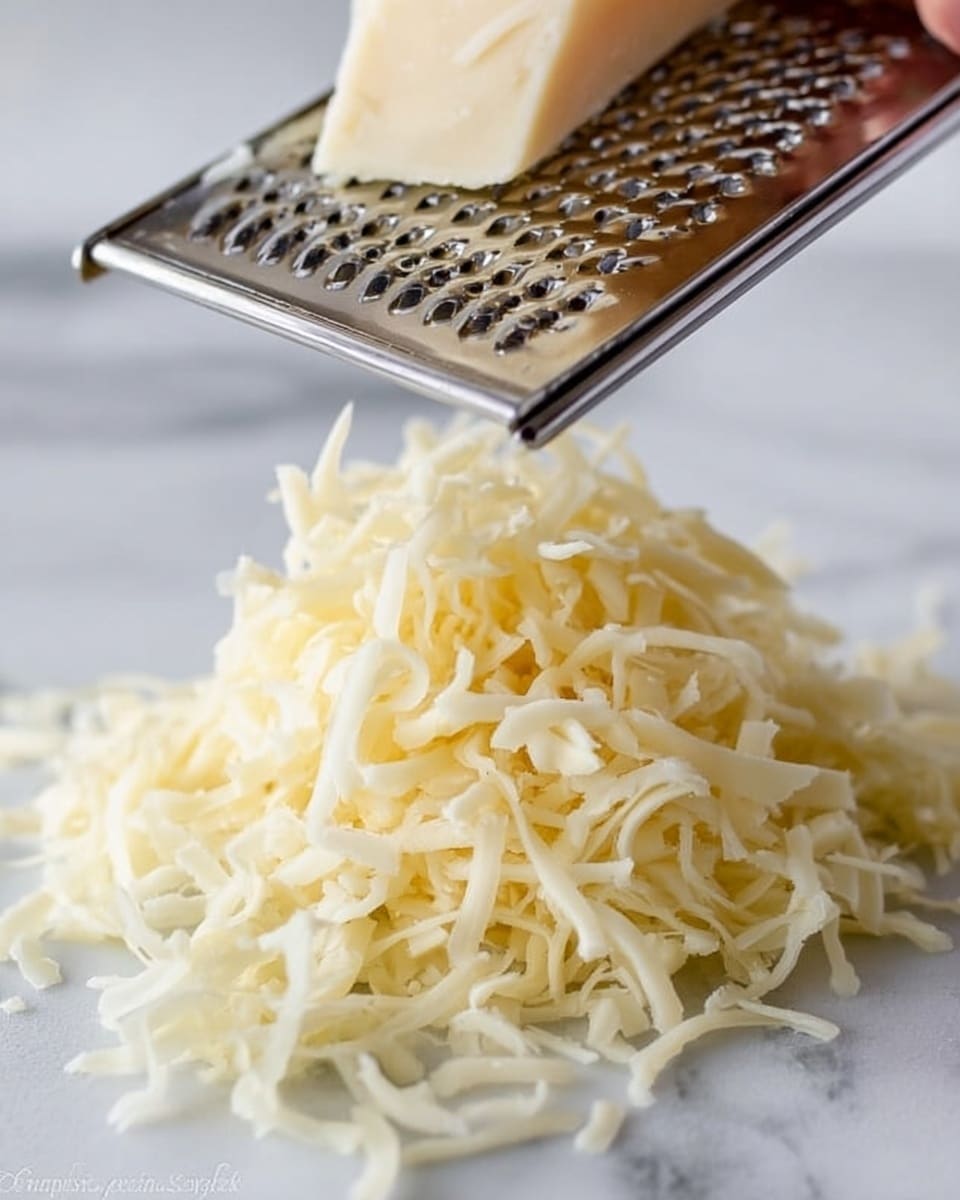The image shows a close-up of a pile of pale yellow cheese shreds on a white marbled surface. Above the cheese, a piece of cheese is being grated with a metal grater held by a woman's hand. The cheese shreds are thin and curly, forming a loose heap beneath the grater. The metal grater is silver with small holes through which the cheese is shaved. Photo taken with an iphone --ar 4:5 --v 7