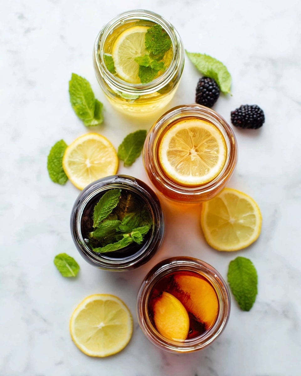 Four clear glass mason jars are lined up on a white marbled surface, each filled with a different type of refreshing fruit-infused drink. The first jar on the left has orange-colored liquid with slices of peach and small pieces of ginger floating inside. The second jar holds a light yellow drink with green mint leaves and blackberries layered near the bottom. The third jar contains a darker amber drink with visible lime slices floating near the top. The fourth jar has a pale yellow drink with lemon slices and green mint leaves floating inside. In front of the jars, there are scattered lime slices, lemon slices, and sprigs of mint. Photo taken with an iphone --ar 4:5 --v 7