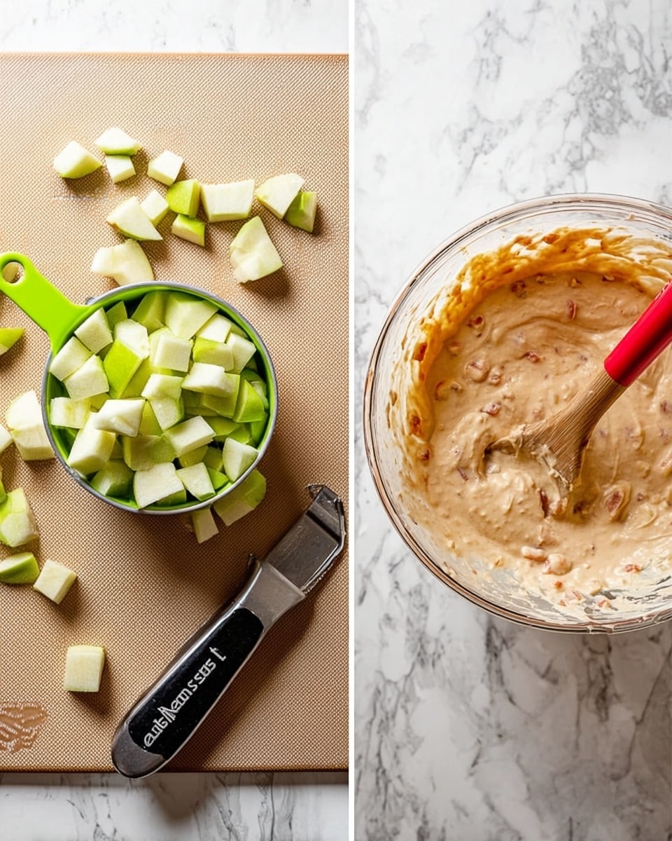 The image is split into two parts. On the left, there are chopped green apple pieces in small cubes, some inside a silver measuring cup with a green handle marked 1 cup, some scattered on a beige cutting board next to a black and silver peeler. On the right, there is a clear glass bowl filled with creamy light brown batter with small chunks showing, being mixed with a wood spoon with a red silicone spatula tip, all placed on a white marbled surface. Photo taken with an iphone --ar 4:5 --v 7
