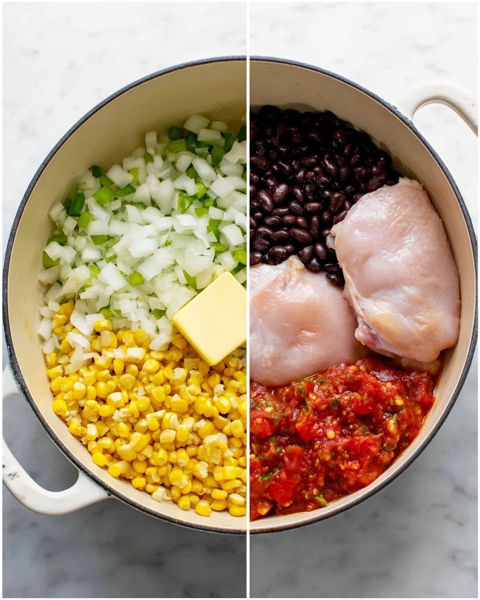 The first image shows a round white pot with a mix of chopped white onions and green peppers from the bottom to the edges, with a small light yellow square of butter in the center. The second image shows the same white pot, now filled with four main parts: in the top right, a single large raw pale pink chicken piece; in the top left, a cluster of black beans; in the bottom left, bright yellow corn kernels; and in the bottom right, red diced tomatoes in sauce. The pot sits on a white marbled surface. photo taken with an iphone --ar 4:5 --v 7