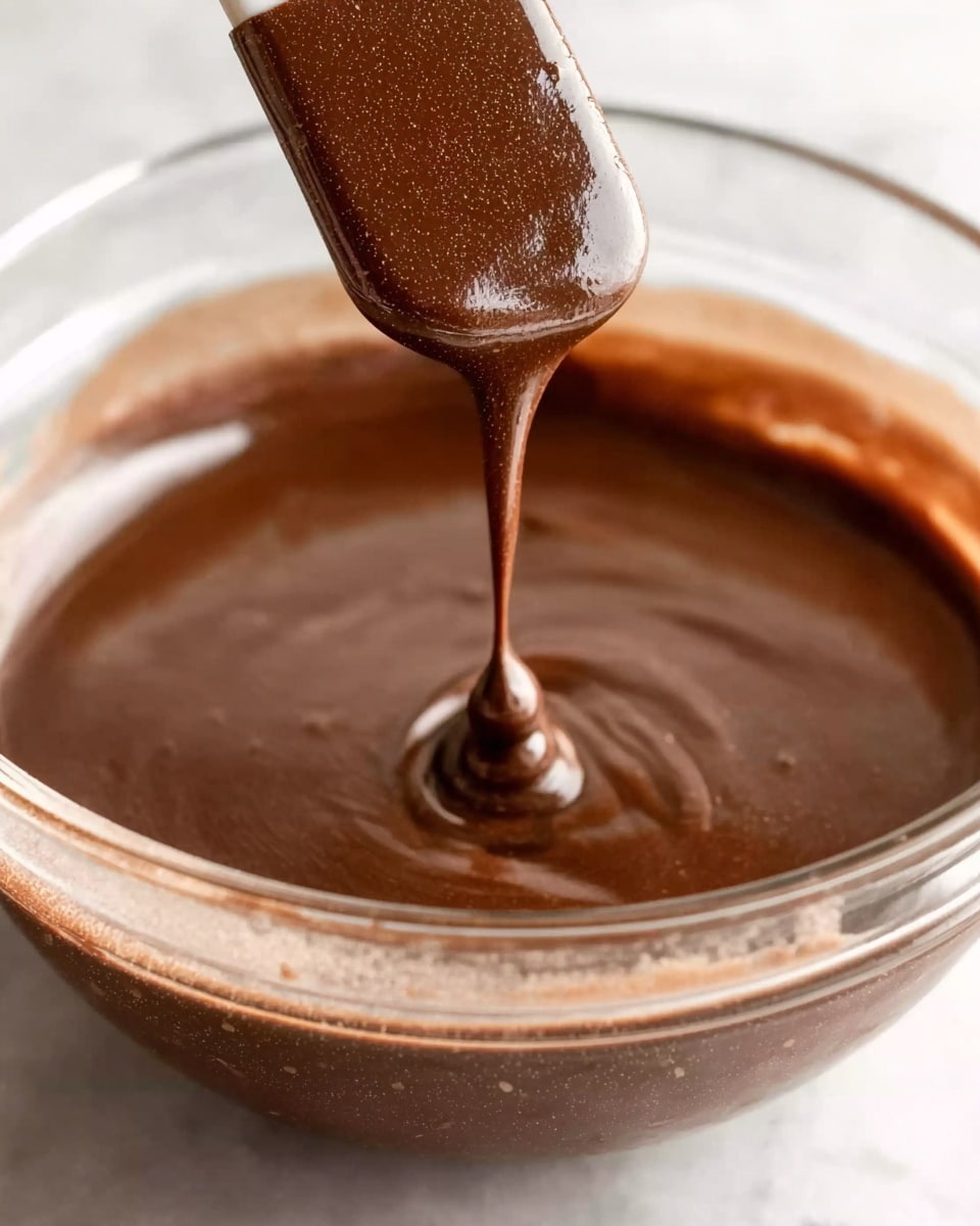 A close-up photo showing a glossy, smooth, medium-brown chocolate mixture being lifted with a spatula above a clear glass bowl filled with the same chocolate. The spatula dripping a thin stream of chocolate back into the bowl, creating gentle ripples on the shiny surface. The background is a white marbled texture. Photo taken with an iphone --ar 4:5 --v 7