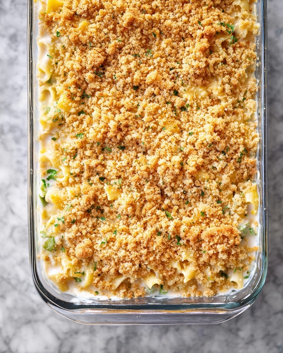 This image shows a clear glass baking dish filled with a creamy casserole topped with many small, light brown crunchy crumbs. The casserole has three main layers: the bottom layer is a light yellow pasta with bits of green herbs, the middle layer is a smooth, white creamy sauce, and the top layer is a rough crumb topping that is evenly spread and golden brown, covering the whole surface. The dish sits on a white marbled surface. photo taken with an iphone --ar 4:5 --v 7