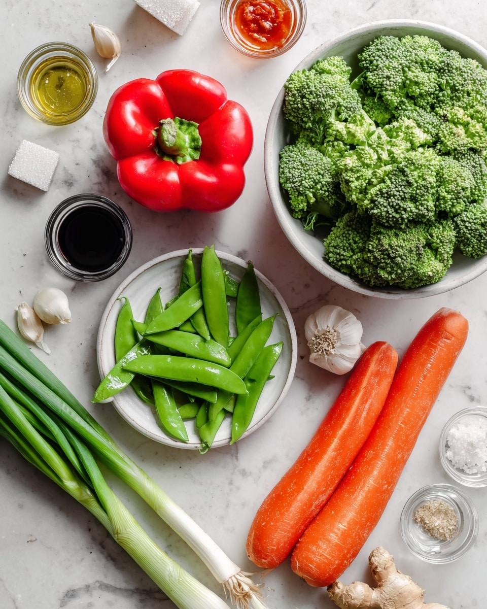 The image shows a collection of fresh ingredients arranged on a white marbled surface. There is a white bowl filled with fresh broccoli florets placed near the top right. In the middle, a bright red bell pepper stands out with glossy skin. To the right of the pepper, there are two large, smooth orange carrots lying side by side, with a bunch of green onions beside them, their white roots and long green tops visible. Below the pepper, a small pile of green snap peas rests, adding more fresh green color. Scattered around are small glass containers holding different liquids, a few garlic cloves, a piece of ginger root, and two small white squares, likely seasoning cubes. The overall display is colorful, fresh, and clean. photo taken with an iphone --ar 4:5 --v 7