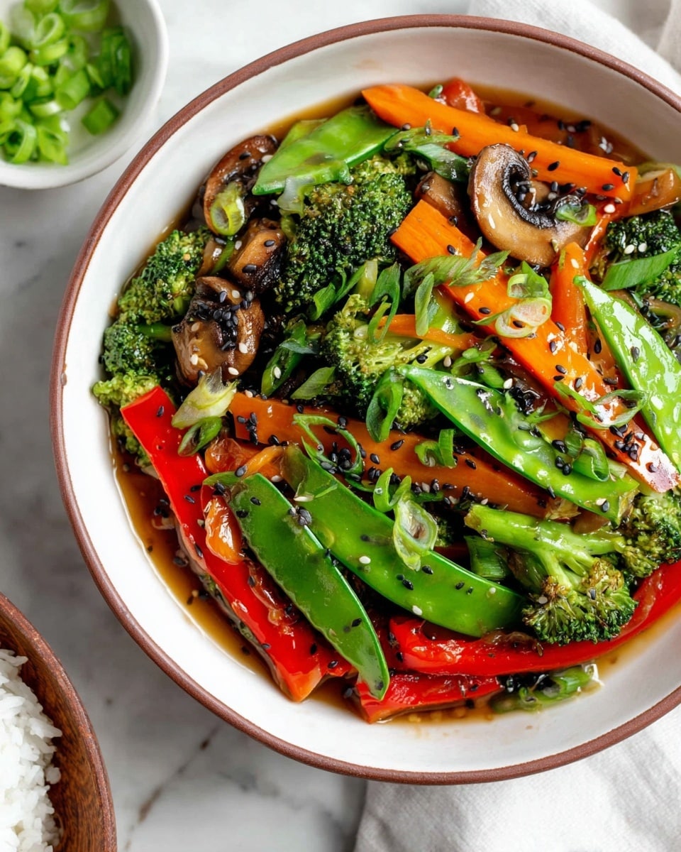A white speckled bowl filled with a colorful stir fry of three main layers: the base layer of dark brown sauce with a glossy texture, the middle layer consisting of bright green broccoli florets, green sugar snap peas, and sliced dark brown mushrooms, and the top layer featuring vibrant orange carrot rounds, red bell pepper strips, and scattered chopped green onions. Black sesame seeds are sprinkled throughout the dish. Light brown wooden chopsticks rest on the right side of the bowl, placed on a white marbled surface. photo taken with an iphone --ar 4:5 --v 7