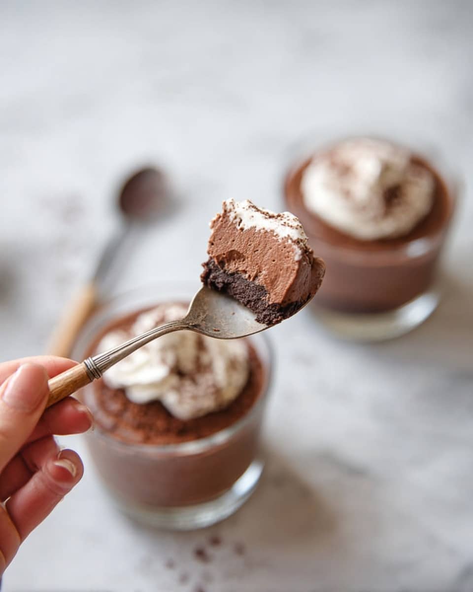 A close-up shows a small metal spoon with a wooden handle held by a woman's hand, holding a scoop of layered dessert with a thick, smooth dark brown chocolate layer on top and a small white cream layer at the bottom. In the background, two clear glass bowls sit on a white marbled surface, each filled with a dark brown chocolate dessert topped with a dollop of white cream, some cocoa powder sprinkled on the cream. The focus is on the spoon and the dessert held by the woman's hand, with the bowls softly blurred behind. Photo taken with an iphone --ar 4:5 --v 7