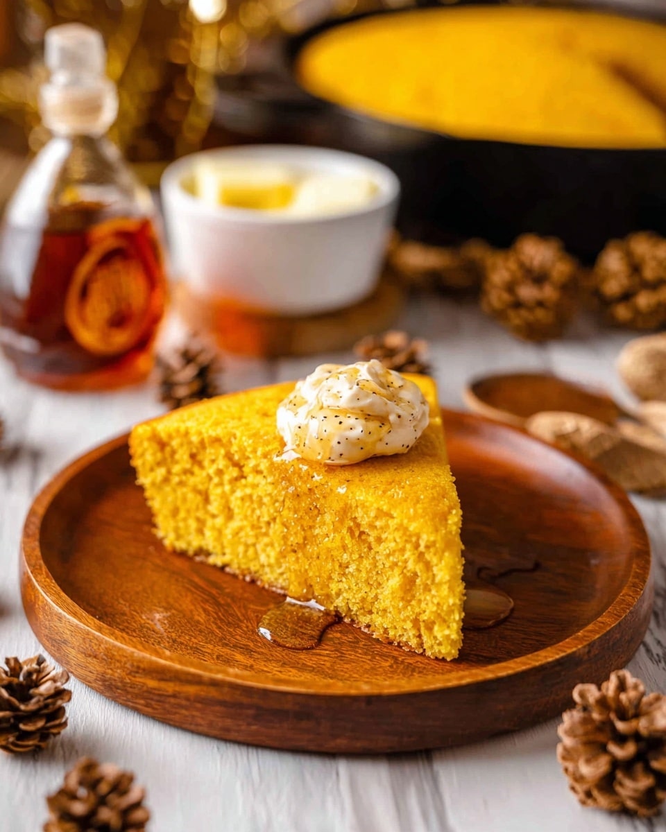 A single thick slice of bright yellow cornbread is placed on a round wooden plate. The cornbread has a coarse, crumbly texture, and on top, there is a dollop of light beige whipped butter with visible specks. Some syrup drips onto the plate beneath the cornbread. In the background, there is a white bowl with more butter, a glass bottle of syrup, and a black skillet filled with more cornbread, all set on a white marbled surface with small pine cones scattered around. Photo taken with an iphone --ar 4:5 --v 7