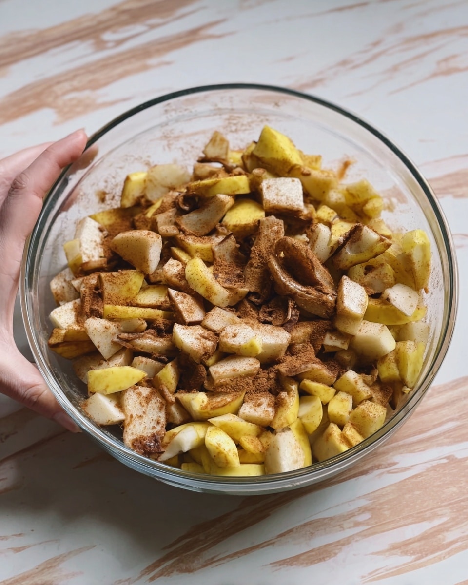 A clear glass bowl filled with many small, uneven pieces of yellow and white fruit mixed with brown cinnamon powder, with a woman's hand holding the side of the bowl. The bowl sits on a white marbled surface. photo taken with an iphone --ar 4:5 --v 7
