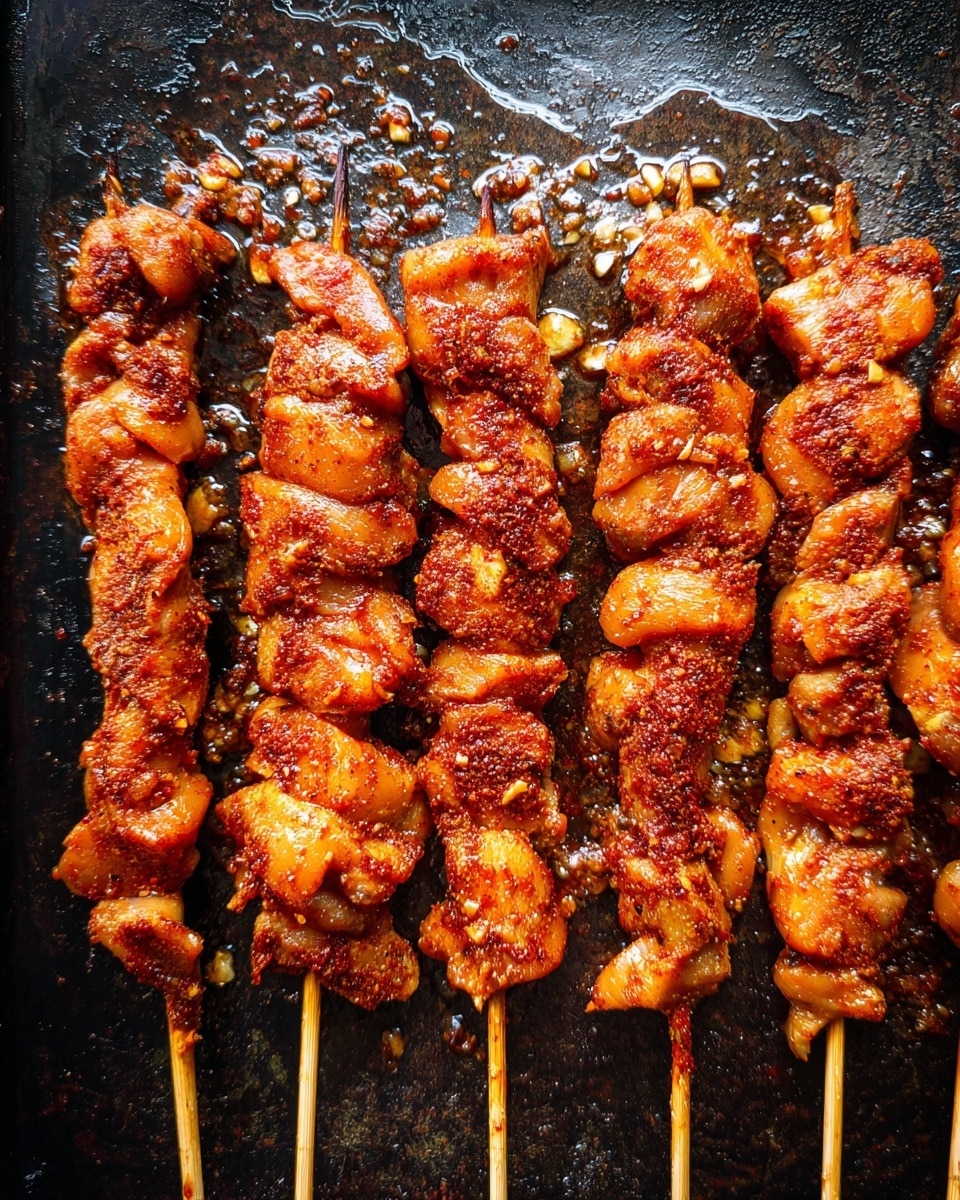 Five wooden skewers are laid side by side on a dark, worn metal baking tray with a glossy oily texture. Each skewer has multiple pieces of marinated raw chicken, with a reddish-brown color from the spice mix covering the meat. The chicken pieces are uneven in size and tightly skewered, showing a mix of smooth and slightly bumpy textures. The oil and seasoning create a shiny, sticky look on the chicken, with some bits of crushed garlic and darker spice specks visible. The baking tray contrasts with the rich color of the marinated chicken, emphasizing the meat’s texture and seasoning. photo taken with an iphone --ar 4:5 --v 7