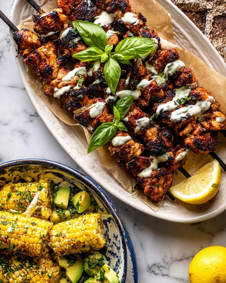 The image shows a white oval plate with four grilled chicken skewers on parchment paper. The chicken pieces are dark brown with char marks, layered closely on black skewers, and drizzled with a light white sauce. Fresh green basil leaves rest on top of the skewers, and a lemon wedge with yellow flesh is placed on the right side of the plate. Below the plate, a separate bowl contains bright yellow grilled corn pieces with black grill marks, scattered green herbs, and sliced avocado with pale green flesh. The dishes are set on a white marbled surface. Photo taken with an iphone --ar 4:5 --v 7