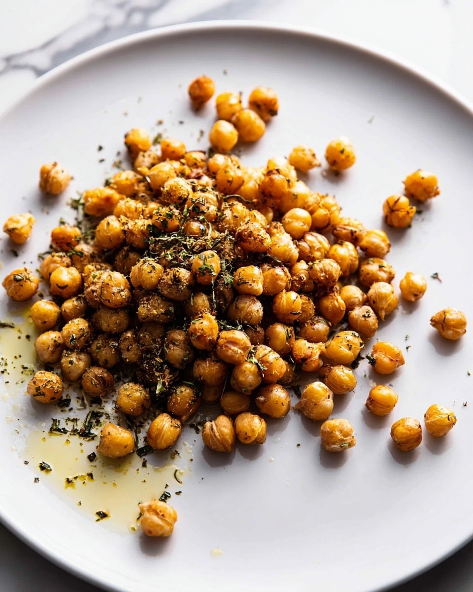 A white plate is shown with a pile of roasted chickpeas in the center. The chickpeas are golden brown with some charred spots, coated in small bits of green herbs and black pepper. There is a small pool of oil with seasoning beneath the chickpeas, creating a shiny texture on one side of the pile. Some loose chickpeas are scattered around the main pile on the plate's smooth surface. The background has a white marbled texture. photo taken with an iphone --ar 4:5 --v 7