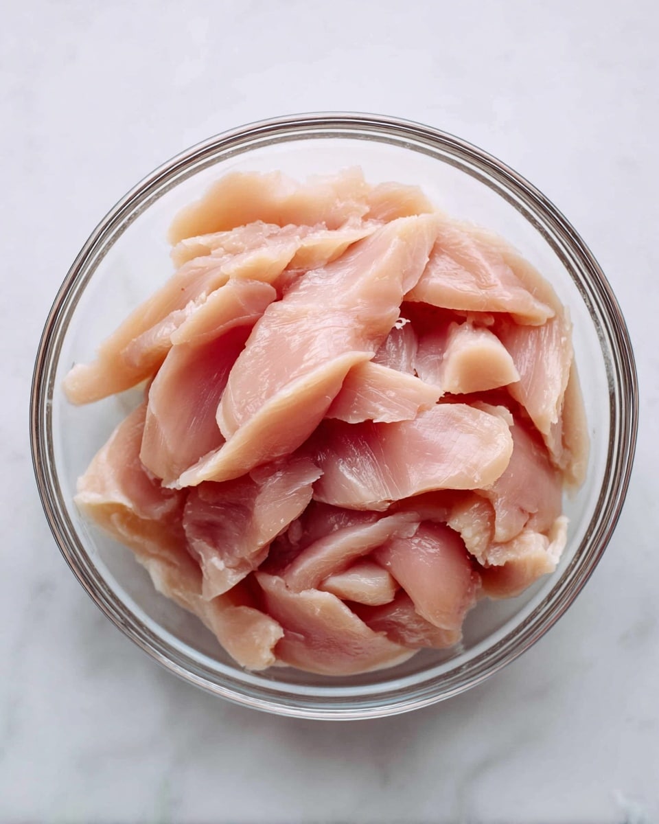 A clear glass bowl filled with many pieces of raw pale pink chicken strips, arranged loosely in layers showing smooth and slightly shiny textures, placed on a white marbled surface. photo taken with an iphone --ar 4:5 --v 7