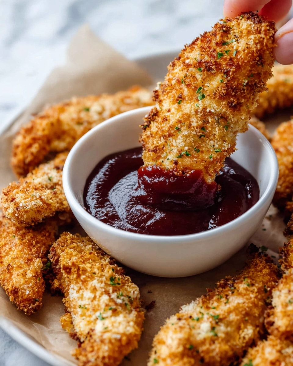 A close-up of a golden brown crispy chicken tender being dipped into a small white bowl filled with dark red barbecue sauce. The chicken tender has a rough, crunchy texture with small green herbs visible in the breading. The bowl is placed on a piece of parchment paper, sitting on a white marbled surface. Around the bowl, there are several more chicken tenders arranged loosely, all with the same crispy, golden coating. A woman's hand is holding the chicken tender at the left edge of the image, partially visible. photo taken with an iphone --ar 4:5 --v 7