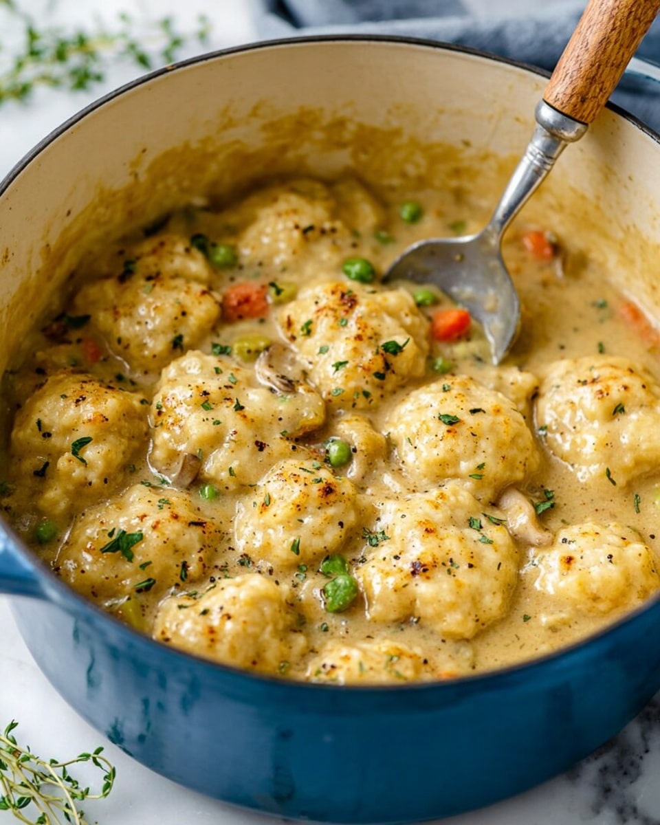 A blue pot filled with a thick creamy stew containing soft golden dumplings on the surface, each dumpling has a smooth, slightly bumpy texture with light brown spots and sprinkled fresh green herbs. Beneath the dumplings, small pieces of orange carrots, green peas, and mushrooms are visible in the rich beige sauce. A silver spoon with a wooden handle rests inside the pot, partially submerged in the stew. The pot sits on a white marbled surface, and there are some green herb sprigs in the blurred background. photo taken with an iphone --ar 4:5 --v 7