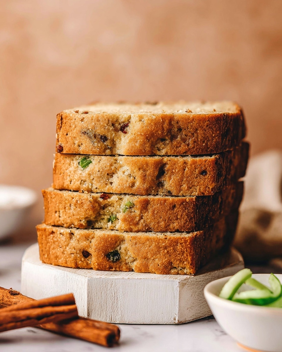A close-up view of five slices of golden-brown bread stacked on top of each other, showing a moist texture with small bits of green and darker spots inside the bread, placed on a white wooden block. In the foreground, blurred brown cinnamon sticks lie on a white marbled surface. To the right, part of a white bowl with thin green vegetable strips is visible. The background is a soft beige color, creating a warm atmosphere. Photo taken with an iphone --ar 4:5 --v 7