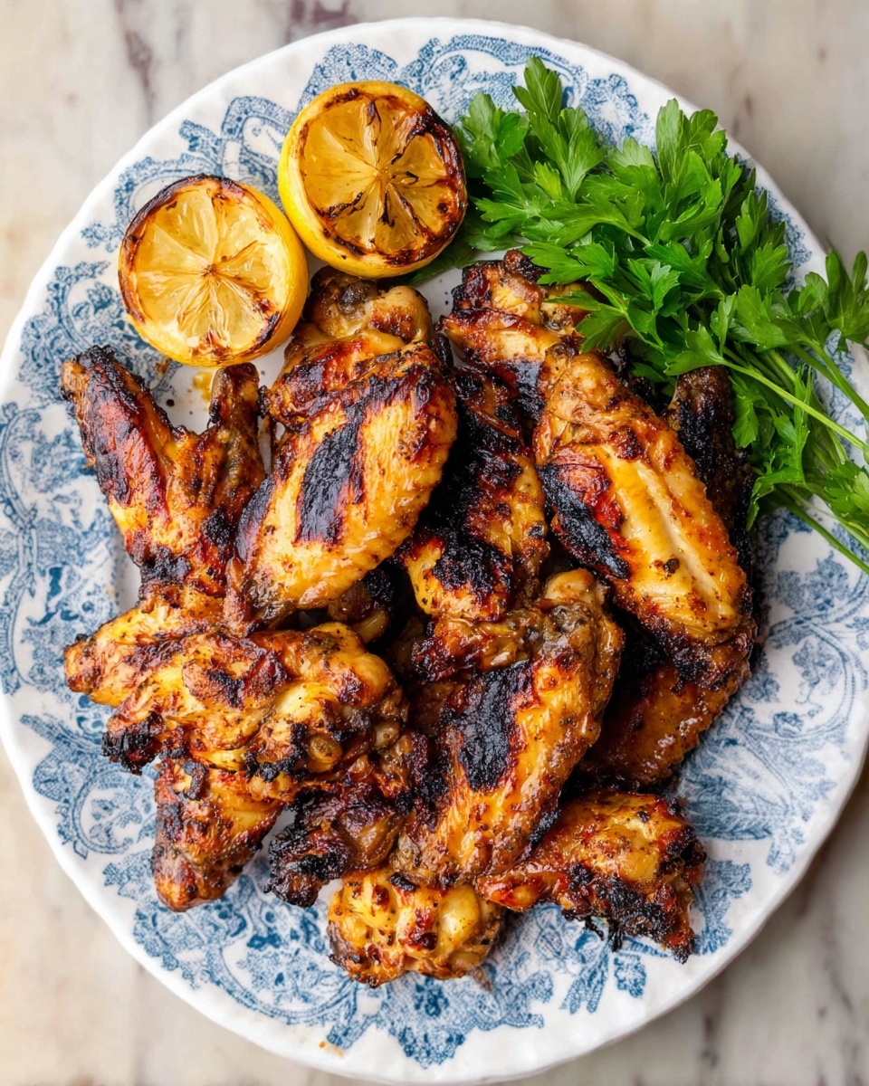 A white plate with a blue pattern holds a pile of grilled chicken wings that are golden brown with charred black spots, showing a mix of crispy and juicy textures. On the top left of the plate, there are three grilled lemon halves with a slightly burnt surface, their bright yellow and brown colors contrasting with the chicken. To the right of the lemons, a small bunch of fresh green parsley adds a fresh touch to the dish. The plate sits on a surface with a white marbled texture. Photo taken with an iphone --ar 4:5 --v 7