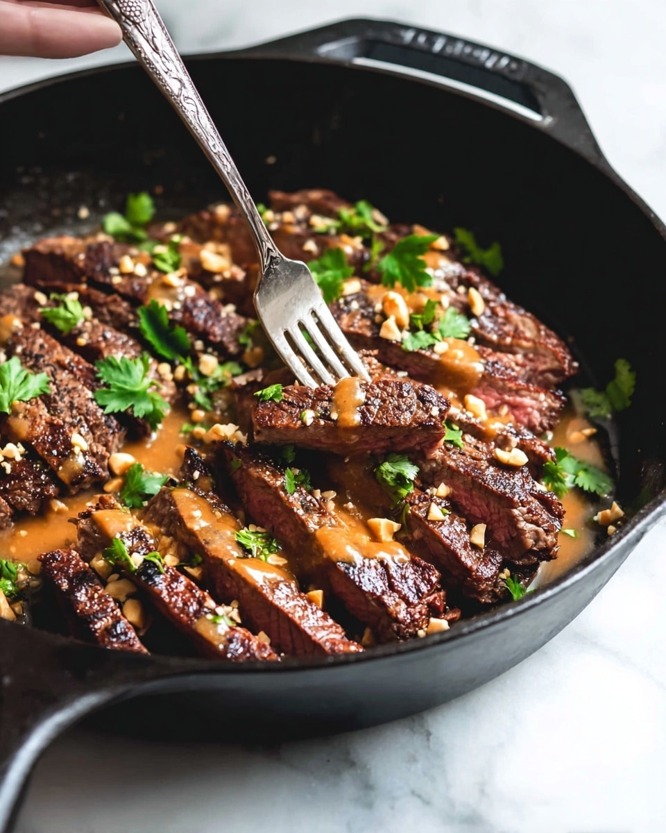 A black pan is filled with several slices of grilled meat, each slice showing a rich brown color with visible char marks. The slices are lined up closely, drizzled generously with an orange-brown sauce that adds shine and texture. Small pieces of chopped nuts and green herb leaves are sprinkled over the top, adding contrast in color and freshness. A metal fork is placed inside the pan, piercing one of the meat slices on the right side. The pan rests on a white marbled surface, enhancing the dish’s warm and savory look. photo taken with an iphone --ar 4:5 --v 7