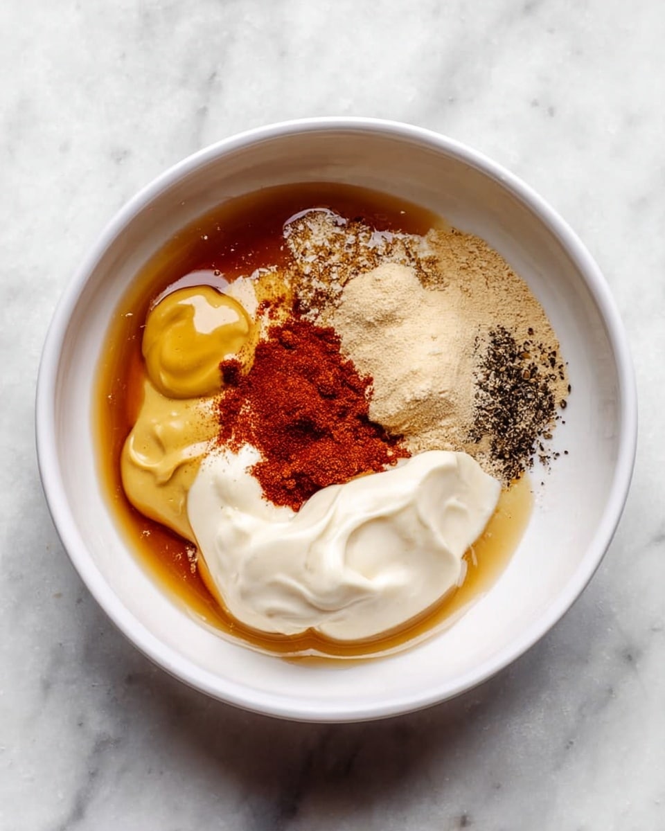 A white bowl sits on a white marbled surface holding several separate ingredients that will be mixed. There is a thick, creamy white layer of mayonnaise on the right side. Near it is a reddish-brown powdery layer of chili or paprika. Above it, there are light beige powdery spices and some fine black pepper. On the left side are smooth, shiny dollops of golden yellow mustard and pale yellow mustard, along with a clear amber layer of honey or syrup flowing around them. The colors and textures are distinct and not yet mixed. photo taken with an iphone --ar 4:5 --v 7