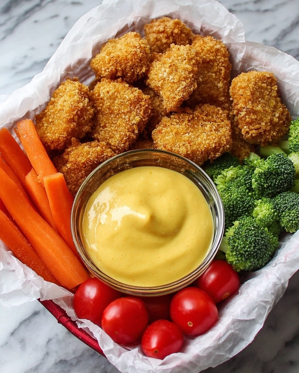 The image shows a white basket lined with white paper filled with golden brown, crispy breaded nuggets arranged on the left side. In the center, there is a clear glass bowl with creamy yellow mustard-like sauce that has a smooth texture. On the right side of the basket, there are bright green broccoli florets and fresh orange baby carrots. At the bottom center, there are a few shiny red grape tomatoes. The basket is placed on a white marbled surface. photo taken with an iphone --ar 4:5 --v 7