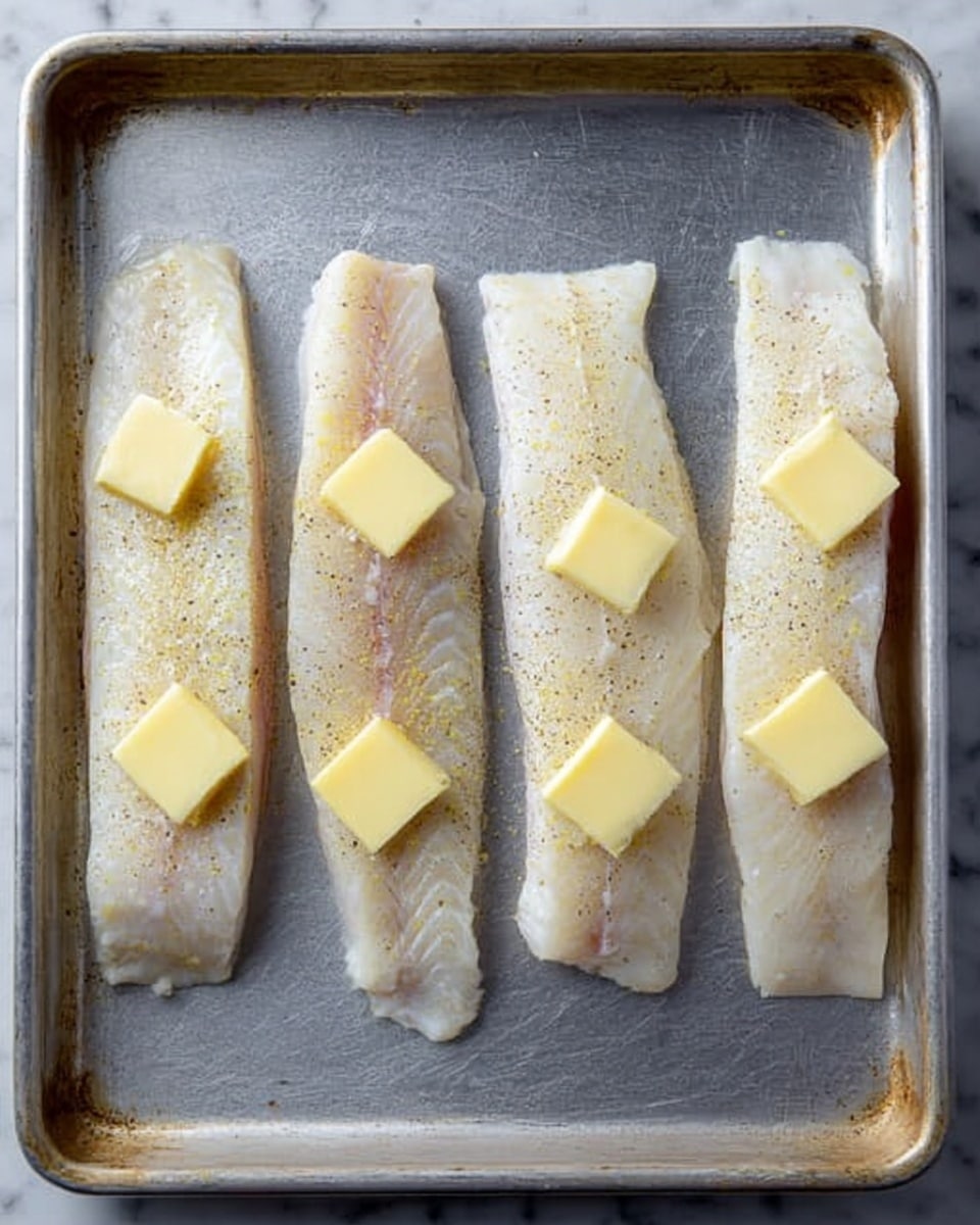 Four raw white fish fillets lie side by side on a silver baking sheet with a dull finish. Each fillet is long and rectangular with a slightly translucent white color and light seasoning sprinkled on top. On each fillet, there are three thin square slices of pale yellow butter evenly spaced along the length. The background surface is a white marbled texture. Photo taken with an iphone --ar 4:5 --v 7
