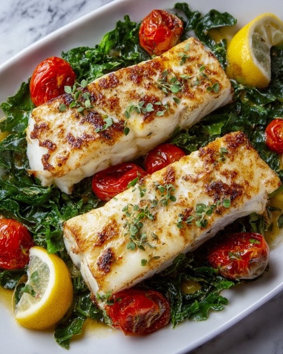 The dish features two rectangular, golden-brown pieces of fish with light charring on top, sitting on a bed of fresh dark green leaves. Around and under the fish, there are bright red cherry tomatoes, some whole and some sliced in half, with small green herbs sprinkled over everything. Thin lemon slices add pops of yellow to the plate, and the dish is all set on a white oval plate placed on a white marbled surface. Photo taken with an iphone --ar 4:5 --v 7