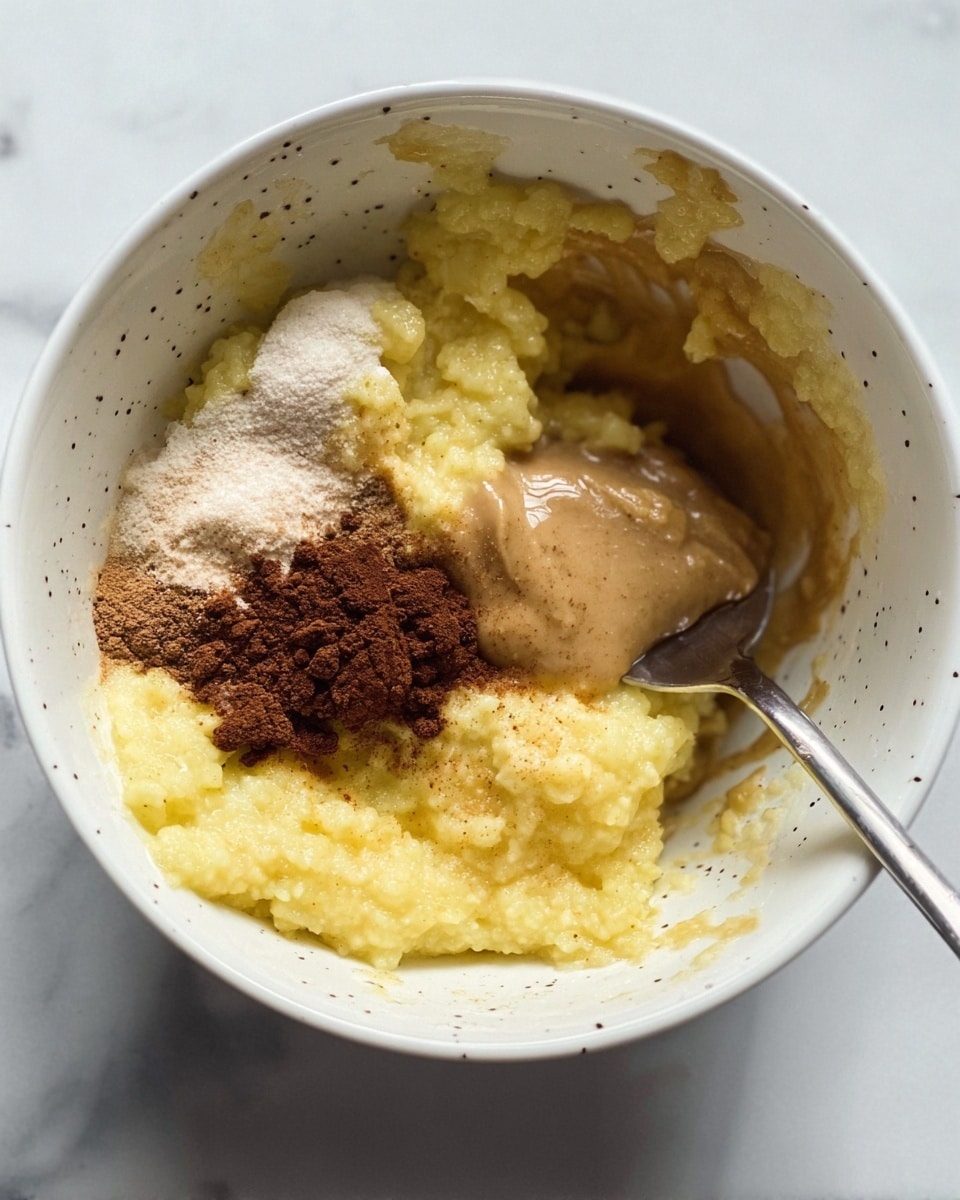 In a white bowl with small dark specks, there are several ingredients unmixed: a yellow mashed texture that looks like banana mash near the bottom and middle, a light tan smooth paste on the upper right, a small pile of white granulated sugar with some dark brown cinnamon powder on the left side, and two brown powders near the bottom center with one being darker. A silver fork is inside the bowl on the right side, slightly resting on the light tan paste and yellow mash. The bowl sits on a white marbled surface. Photo taken with an iphone --ar 4:5 --v 7