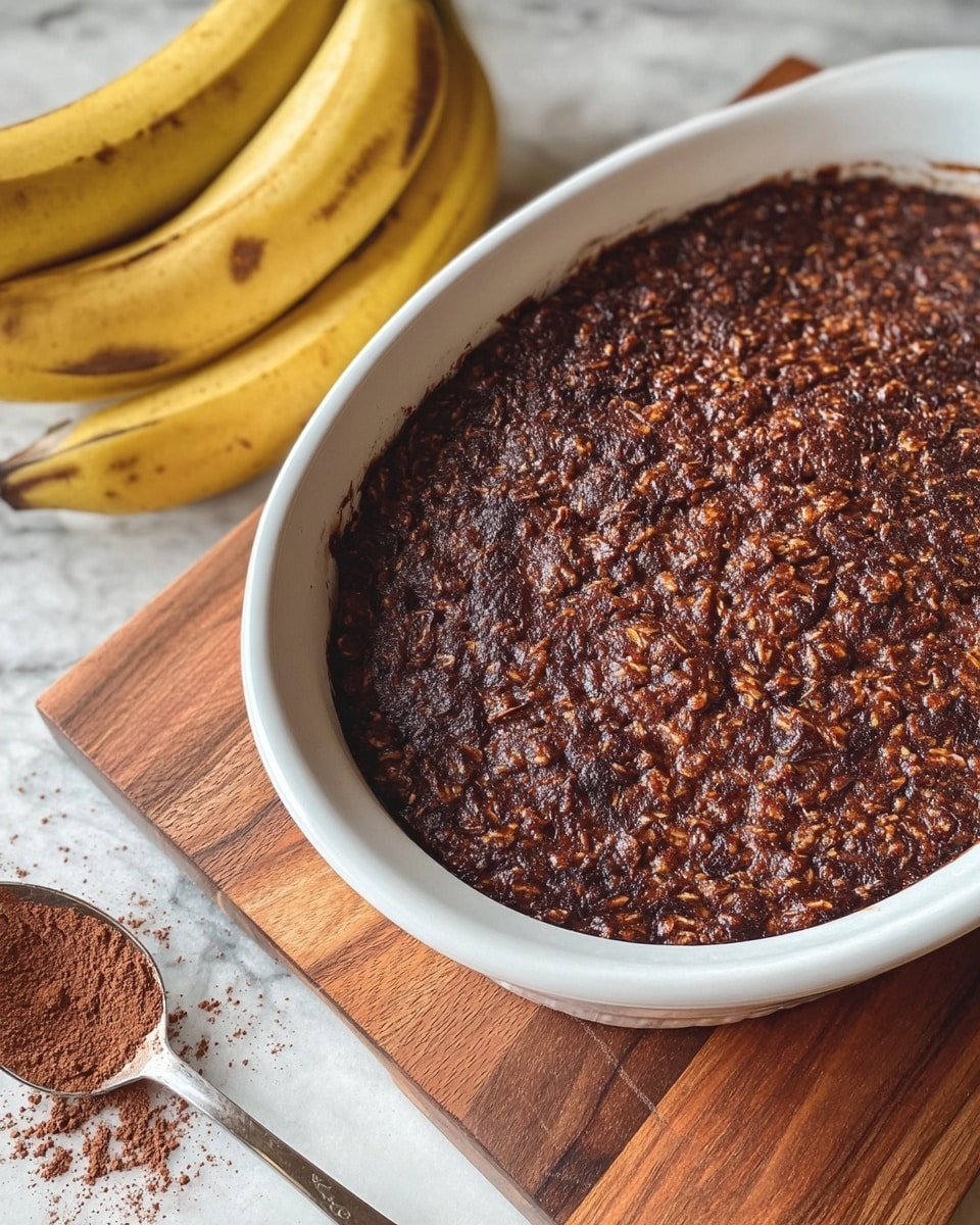 A close-up of a single-layer baked oatmeal in a white oval dish shows a rich, dark brown top with a textured surface that reveals oats and small bits of cocoa or chocolate. The dish is placed on a wooden board, and to the side, there is a bunch of ripe bananas with yellow skin and some brown spots. Some loose cocoa powder is scattered near a silver spoon on the board. The background is a white marbled texture. photo taken with an iphone --ar 4:5 --v 7