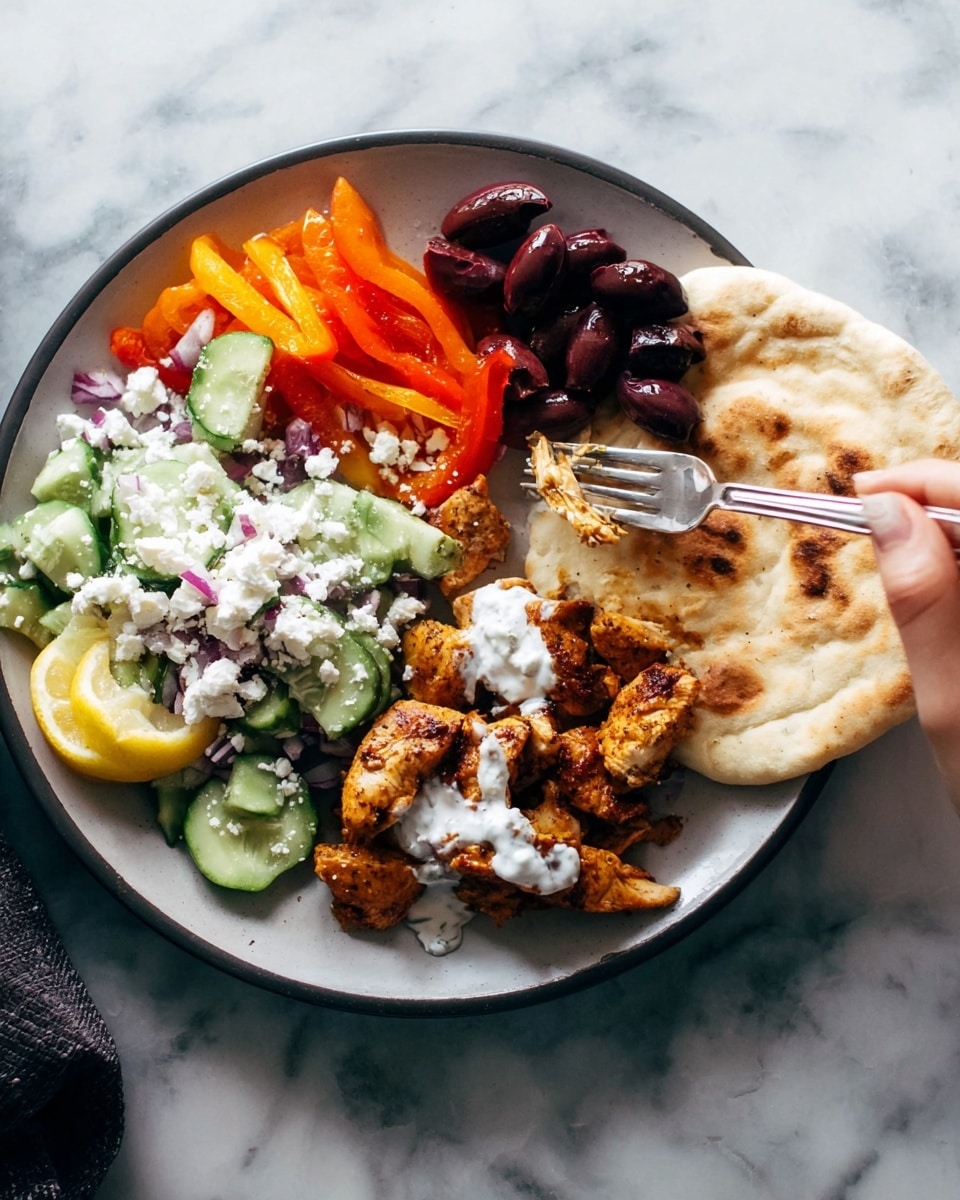 A white plate with a round flatbread placed on the right side. Next to the flatbread are dark purple olives and a lemon wedge. To the left of the plate, there are orange grilled pepper strips and a chopped cucumber salad with white crumbles on top. In front of the salad, there are brown grilled pieces of chicken with a white sauce dolloped over the chicken at the center. A woman’s hand is using a fork to pick up some of the chicken. The plate is set on a white marbled surface. Photo taken with an iphone --ar 4:5 --v 7