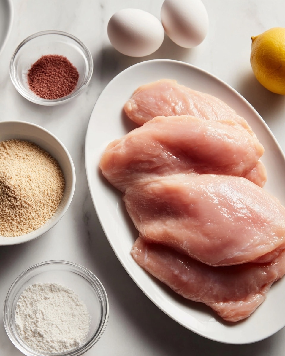 The image shows a white oval plate filled with three large pieces of raw pale pink chicken meat with a smooth, slightly shiny texture, placed on a white marbled surface. Surrounding the plate are small white bowls containing different ingredients: a light brown breading powder in one bowl on the bottom left, a white powder, likely flour, in a small glass bowl near the center left, and a small white bowl with a dark red powder in the top left corner. There are two whole white eggs and a bright yellow lemon placed near the top right corner beside the plate. The setting is clean and well-lit with soft natural light. photo taken with an iphone --ar 4:5 --v 7