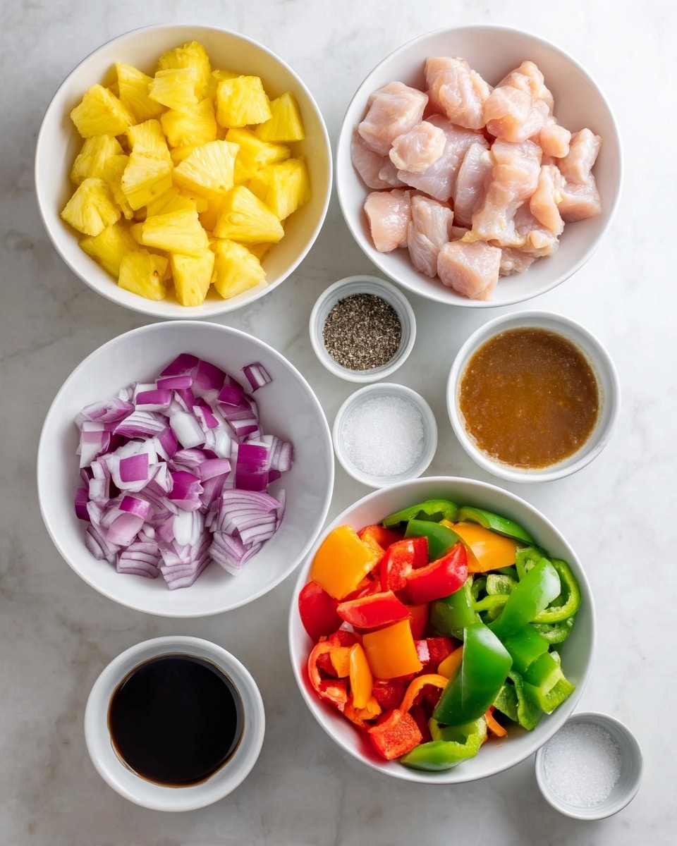 The image shows seven white bowls arranged on a white marbled surface. One bowl holds yellow pineapple chunks, another has raw light pink chicken pieces. There are chopped purple onion pieces in a separate bowl. One bowl contains colorful bell peppers in green, red, and orange. A small bowl contains brown sauce, and there are three small bowls with white salt, black pepper, and a white powdery ingredient. The colors are bright and the textures clear, with a fresh and clean setup. Photo taken with an iphone --ar 4:5 --v 7