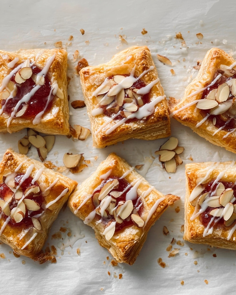 The image shows six square-shaped pastries arranged on white parchment paper over a white marbled surface. Each pastry has three layers: a thick golden-brown, flaky outer layer folded up at the corners, a middle layer with a glossy red jam filling, and a light drizzle of white icing on top. Sliced almonds are scattered on the icing and jam, adding texture. Some icing has dripped on the parchment around the pastries. The lighting highlights the glossy and crunchy details of the pastries clearly. photo taken with an iphone --ar 4:5 --v 7