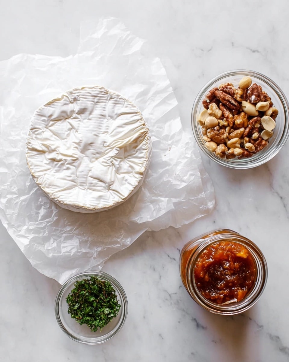 A round wheel of soft white cheese with a wrinkled top is placed on white crumpled paper on a white marbled surface. To the right, there are three clear glass containers: the top one holds mixed chopped nuts in brown and creamy tones, below it is a small bowl of green chopped fresh herbs, and next to these is a jar filled with chunky reddish-brown sauce. The clean white marbled background makes the colors of the food stand out brightly. photo taken with an iphone --ar 4:5 --v 7
