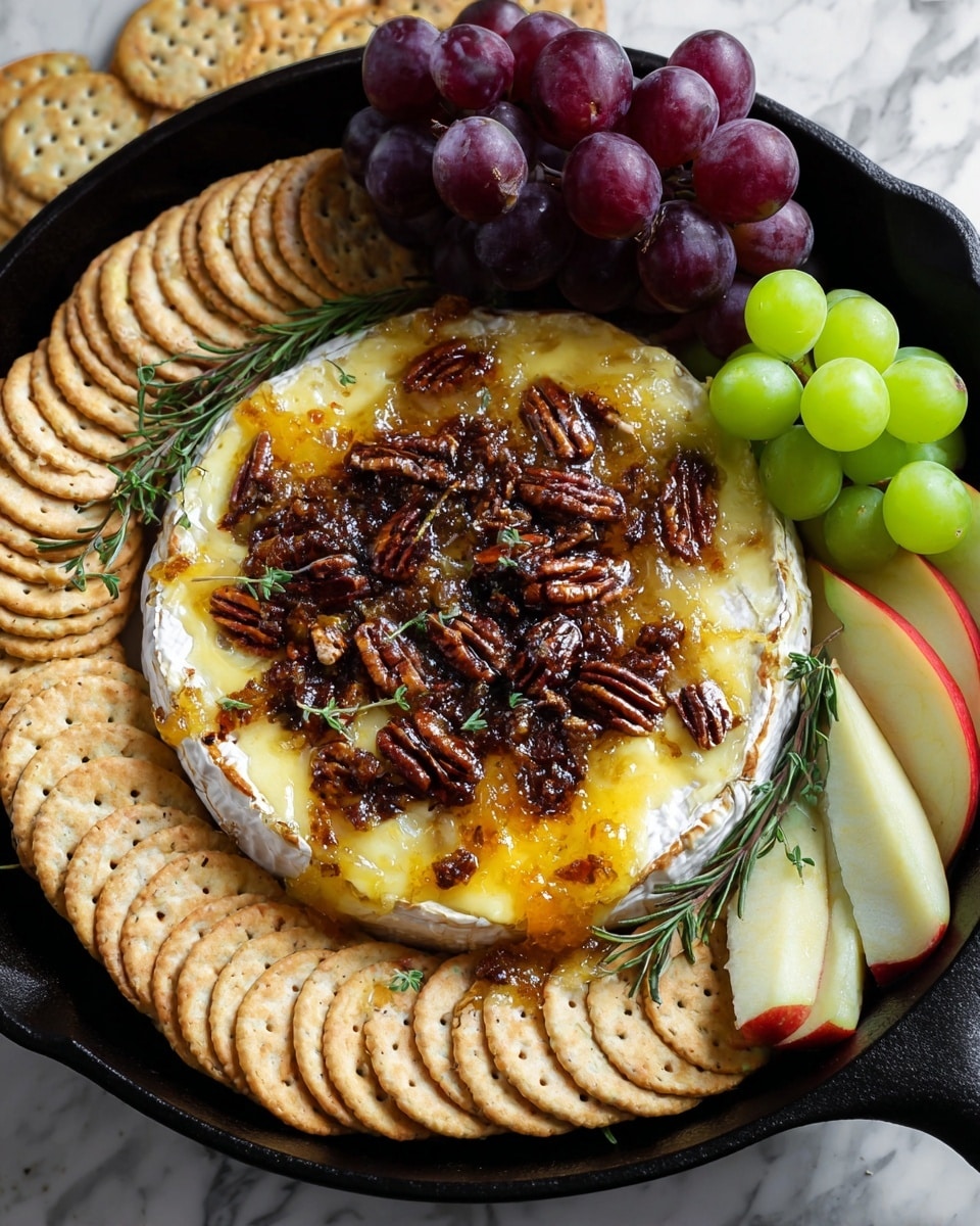 A single large wheel of baked brie cheese with its creamy pale-yellow inside oozing out in some places sits in the center of a black cast iron skillet. The top layer of the cheese is golden-brown with a shiny layer of orange-colored apricot jam spread over it. Scattered on top are big pieces of dark brown pecans and small sprigs of green dried rosemary. Around the skillet are many round, pale beige crackers with small holes and a rough texture, stacked in neat piles. A bunch of deep purple grapes hangs over the top edge of the skillet, and a cluster of bright green grapes sits near the top right. Thin slices of pale green and pink apple are placed to the right side of the crackers all set on a white marbled surface. Photo taken with an iphone --ar 4:5 --v 7