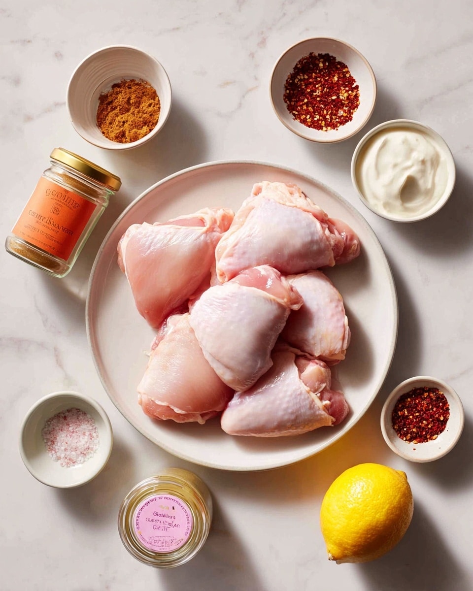 A white plate holds eight pieces of raw, pale pink chicken thighs arranged in a loose pile, showing their smooth texture and slight shine. Surrounding the plate on a white marbled surface are small white bowls—one filled with reddish-brown ground spice, another with creamy white yogurt, and a third with red chili flakes. A glass jar of ground cumin with an orange label lies near the top left, while a small open jar of garlic granules with a pink label sits near the bottom center next to the bright yellow whole lemon. The setup is clean and simple with a soft natural light. Photo taken with an iphone --ar 4:5 --v 7