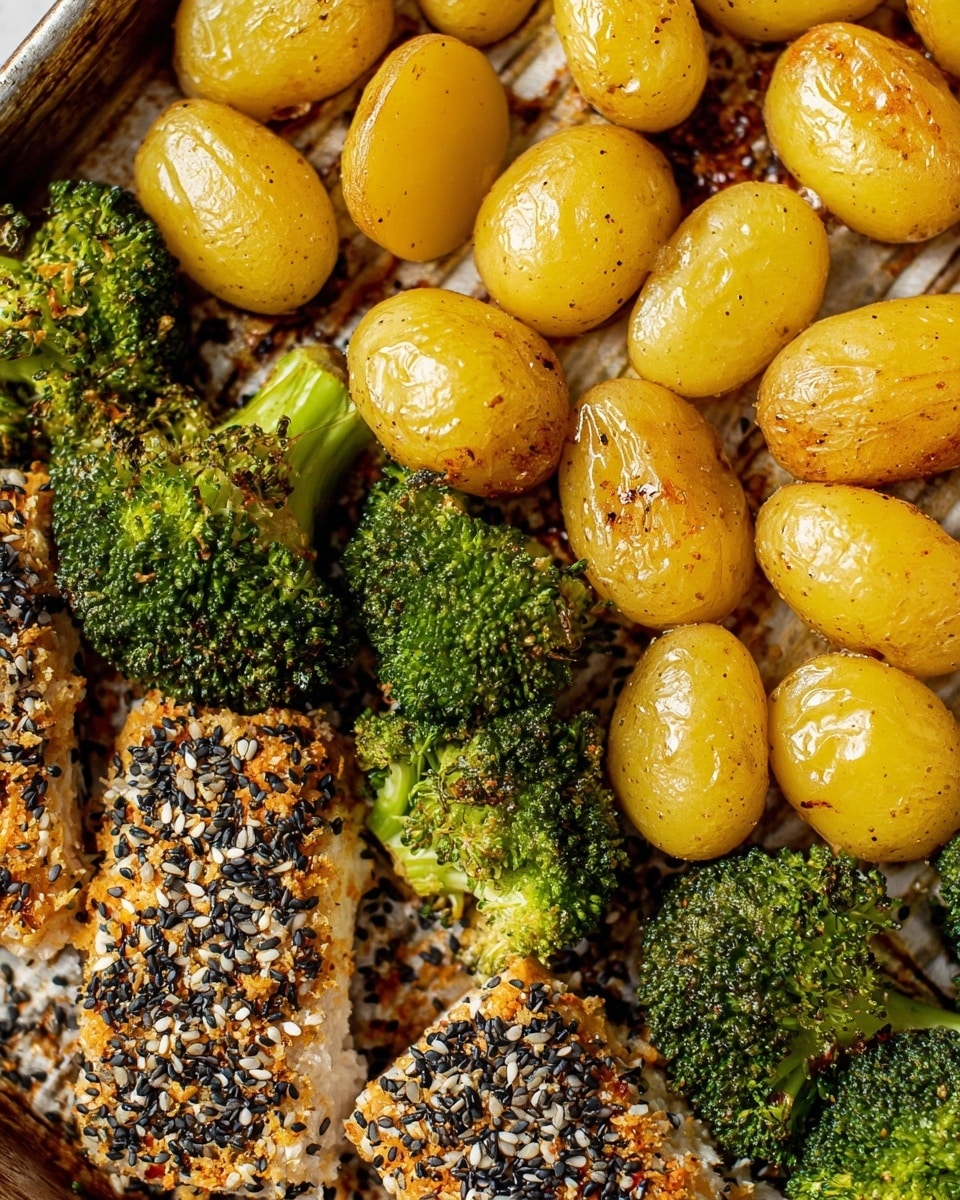 This close-up image shows a tray of food with three main layers. At the bottom, there is a metal baking tray with ridges. On top of it, there are small, round yellow potatoes and bright green broccoli florets spread across the tray. The potatoes have a shiny, roasted skin with some cut in half showing a soft, golden inside. The broccoli looks fresh and slightly cooked with a light sauce drizzled over it, giving it a glossy look. In the front layer, there are pieces of fish or tofu covered in a mix of black, white sesame seeds, and toasted coconut flakes, adding texture and color contrast. Sprinkles of the seeds and flakes also fall onto the tray. The overall colors are warm yellows, bright greens, and dark specks from the toppings, all set against the white marbled texture. Photo taken with an iphone --ar 4:5 --v 7