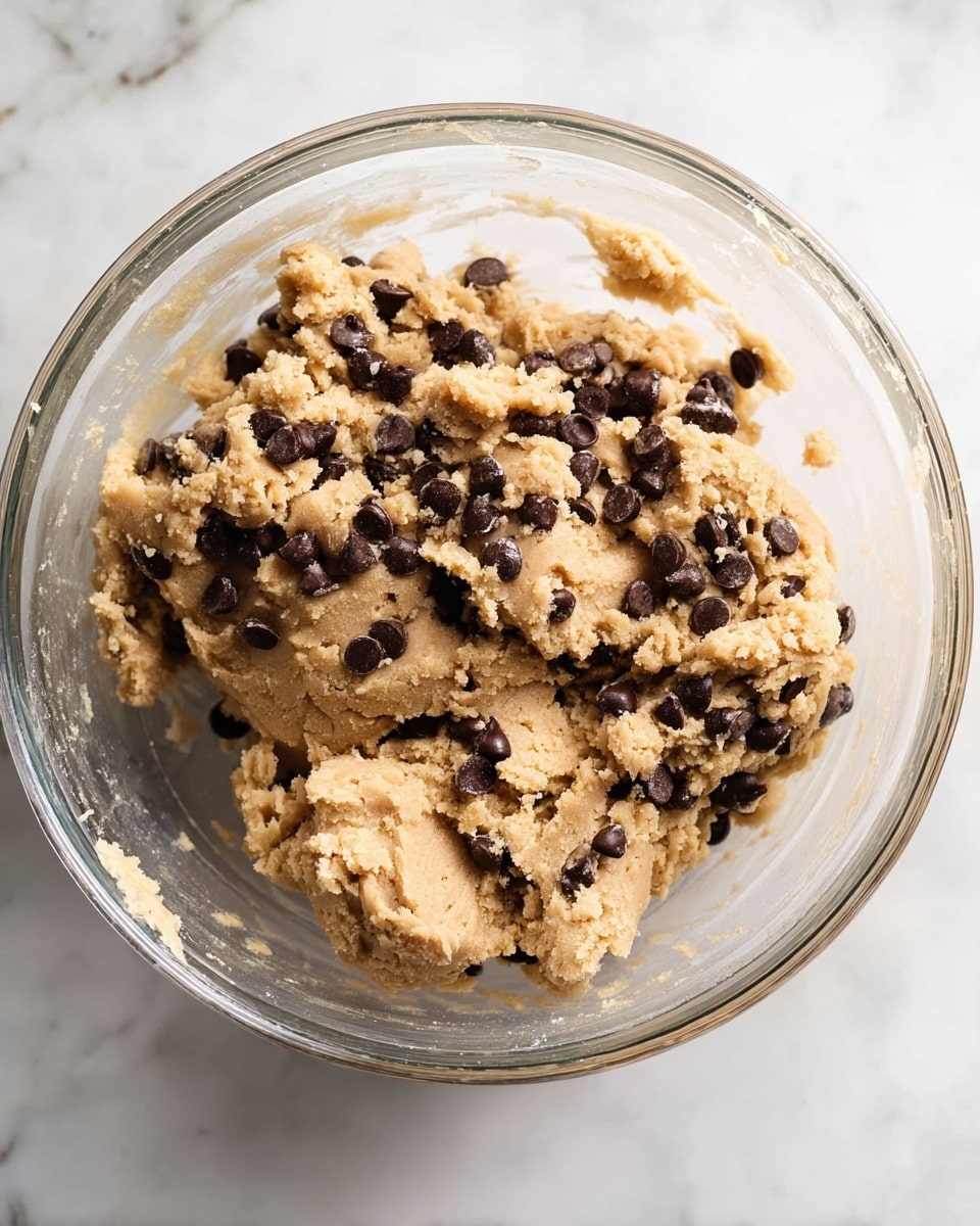 A clear glass bowl filled with thick, light brown cookie dough mixed with many dark brown chocolate chips scattered throughout. The dough looks soft and slightly crumbly with some clumps pressed against the side of the bowl. The bowl is placed on a white marbled surface. photo taken with an iphone --ar 4:5 --v 7