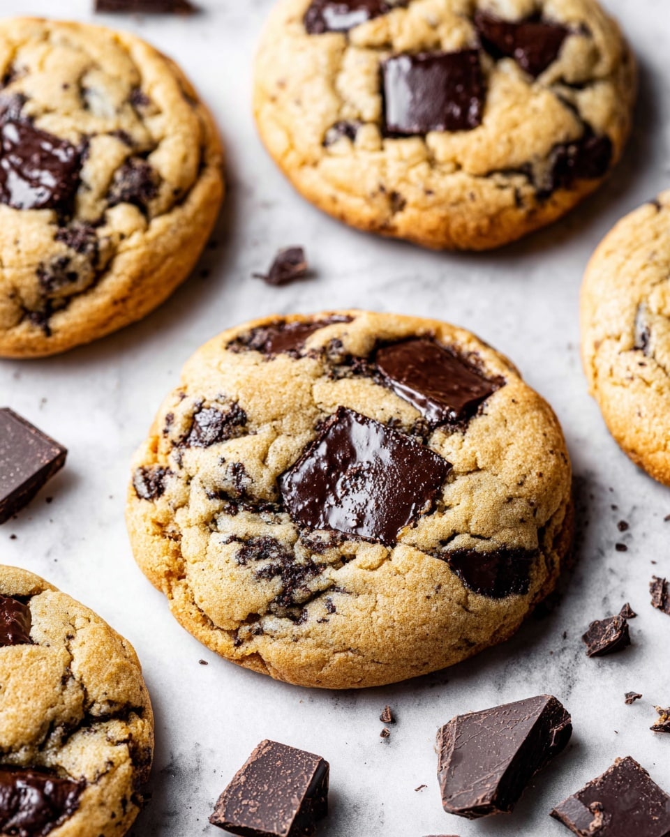 This image shows a close-up of a single cookie that is broken in half, revealing a soft and crumbly inside. The cookie is light golden brown with rough textures and contains large, dark chocolate chunks spread unevenly on its surface and inside. Around the broken cookie, there are smaller pieces of chocolate scattered on a white marbled surface, adding contrast to the warm color of the cookie. The edges of the cookie are slightly cracked, showing a tender yet firm texture. Photo taken with an iphone --ar 4:5 --v 7
