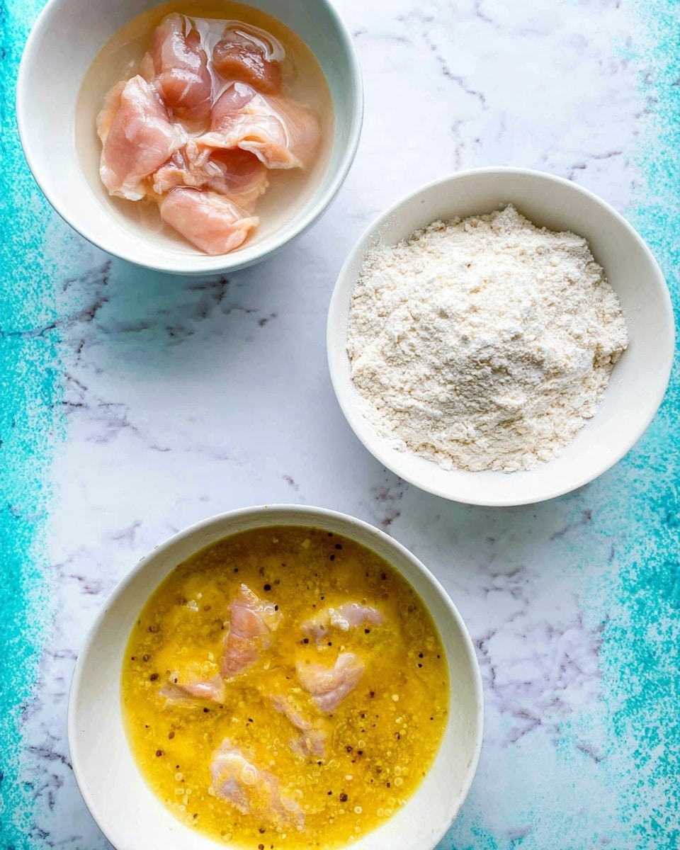The image shows three white bowls placed on a white marbled surface with a light blue texture underneath. The top left bowl has a few pieces of raw chicken soaking in a clear liquid. The top right bowl is filled with white flour mixed with some small bits of seasoning, showing a powdery texture. The bottom bowl contains a yellow egg mixture with small pieces of chicken submerged in it, with visible bubbles on the surface. The setup gives a clear view of the ingredients prepared for a cooking process. photo taken with an iphone --ar 4:5 --v 7