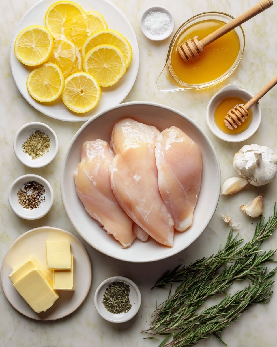 The image shows a large white bowl at the center filled with three raw chicken fillets, pale pink and smooth. Around it are small white dishes holding various ingredients: to the top right, a small bowl with amber honey and a wooden honey dipper laying across it; near the bottom, a dish with three rectangular pieces of pale yellow butter; next to it, a gravy or broth in a clear glass cup with a golden hue. To the left side, a white plate with thin, round lemon slices with bright yellow color, and above it, lemon halves showing their juicy, pale yellow inside. Small white bowls contain coarse sea salt, black pepper, minced garlic, and dried herbs in shades of green and beige. Fresh green sprigs of rosemary lie at the bottom right corner on the white marbled surface, all arranged neatly for cooking preparation. Photo taken with an iphone --ar 4:5 --v 7