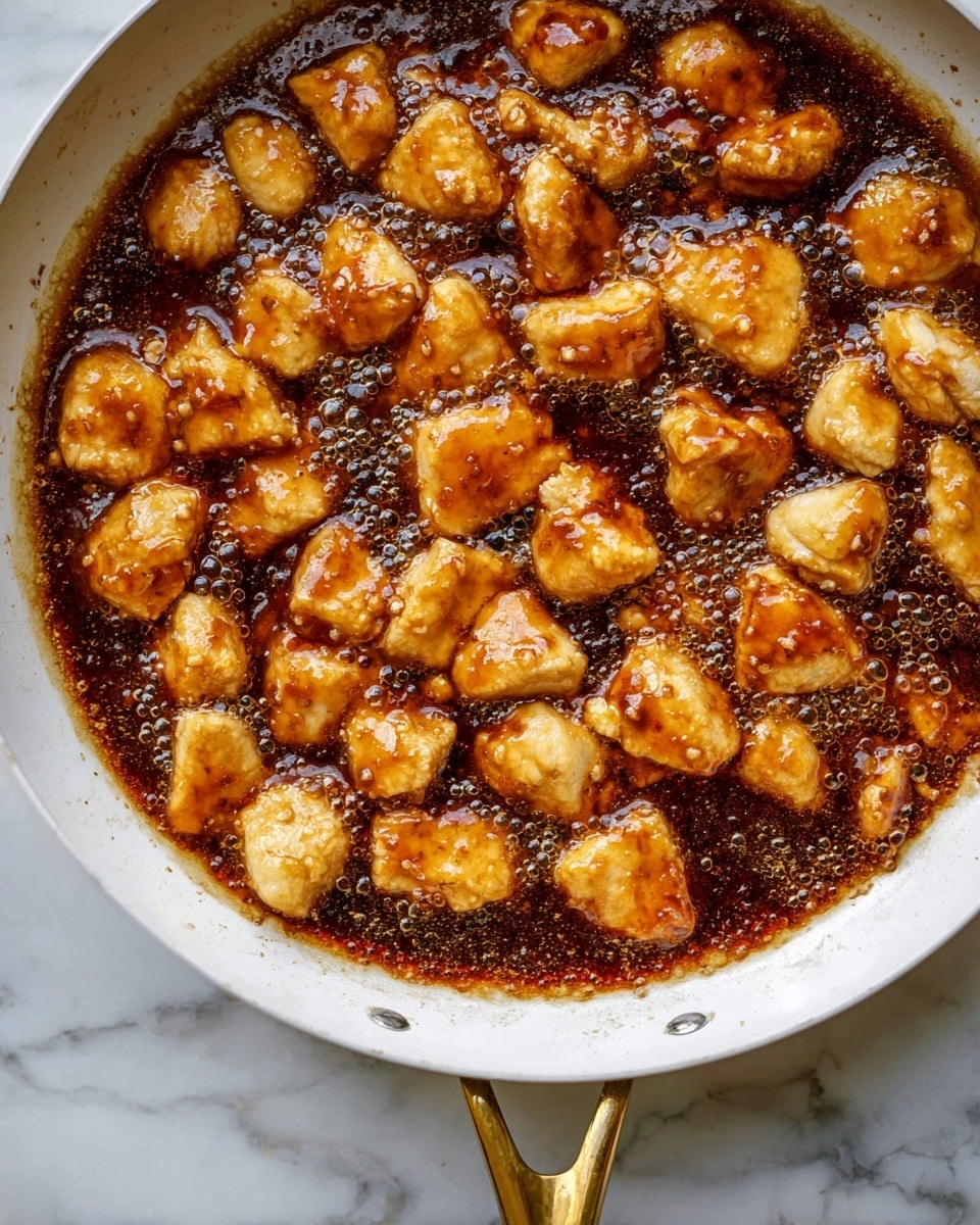 The image shows many small golden-brown pieces of chicken cooking in a thick, shiny, dark amber sauce full of bubbles. The chicken pieces have a slightly crisp texture on the outside and are scattered evenly in the sauce, which covers the pan bottom. The pan is white with a brass handle, and the background has a white marbled texture. photo taken with an iphone --ar 4:5 --v 7