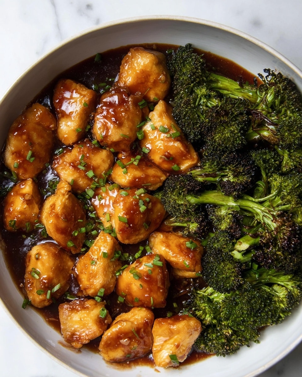 The image shows a white bowl filled with glossy golden-brown chicken pieces spread across most of the left and center top part of the bowl, coated with a thick dark brown sauce, sprinkled with small green chopped herbs. On the right side and bottom right corner, there are dark green roasted broccoli florets with some charred edges, creating a textured contrast with the smooth chicken pieces. The background is a white marbled surface. Photo taken with an iphone --ar 4:5 --v 7