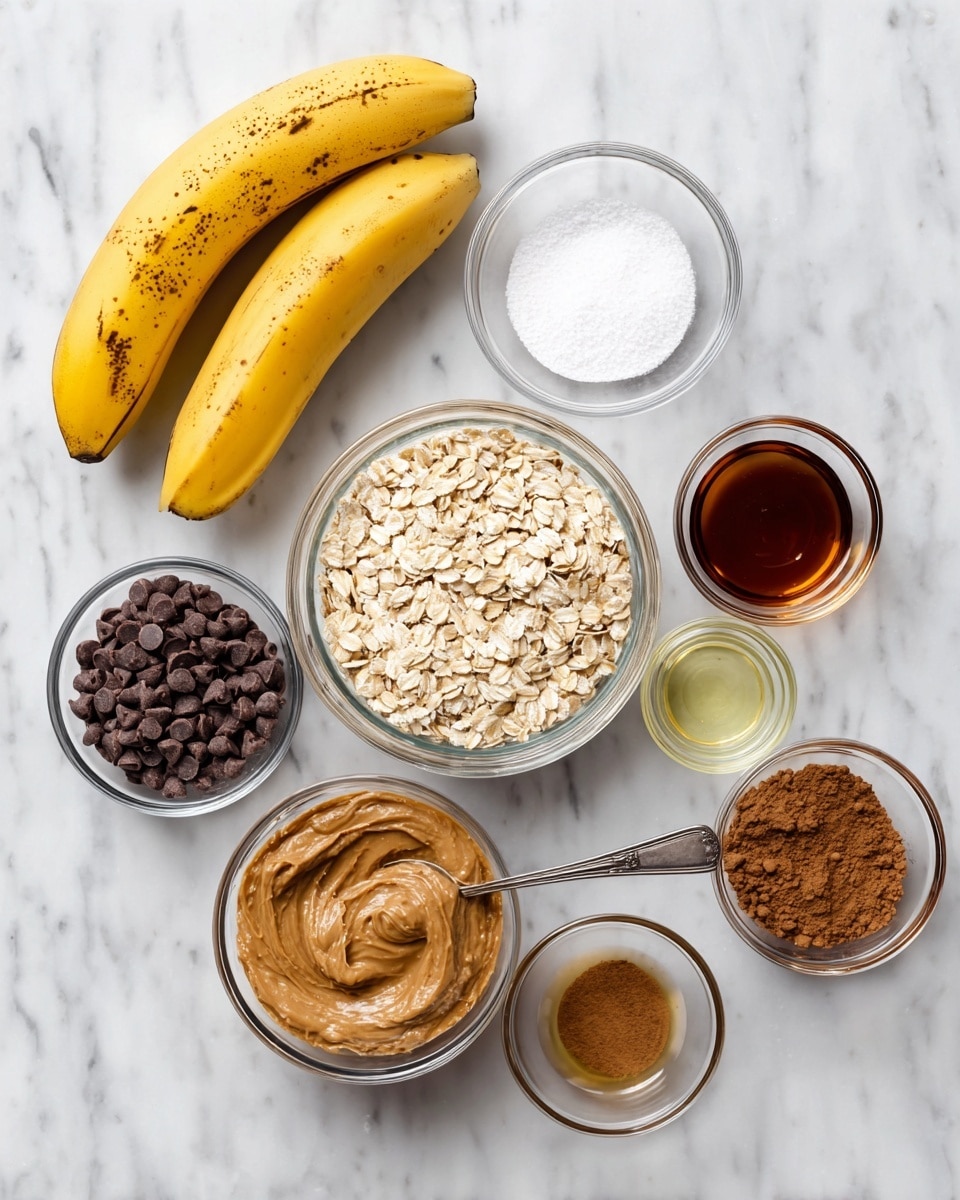 The image shows seven small clear glass bowls arranged neatly on a white marbled surface. At the top left, there are two yellow bananas with some brown spots. Below the bananas is a small bowl filled with white salt. To the right of the salt is a larger bowl filled with light beige rolled oats. To the right of the oats is a small bowl with brown cinnamon powder. Below the cinnamon bowl, there is a small bowl with clear light oil. To the left of the oil bowl is a bowl with creamy brown peanut butter with a silver spoon in it. To the left of the peanut butter is a bowl of dark brown chocolate chips. Above the oil on the top right is a bowl containing dark amber maple syrup. photo taken with an iphone --ar 4:5 --v 7