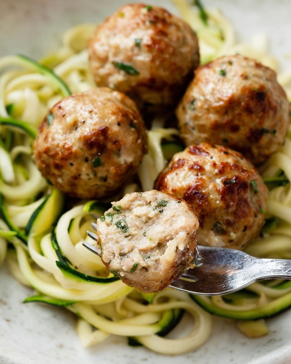 The image shows five golden-brown meatballs with a slightly rough texture and visible herbs on their surface. Four of them rest directly on a bed of spiralized zucchini noodles, which are light green with a fresh, glossy look, slightly twisted around and under the meatballs. One meatball is held by a silver fork, showing its inside, which is lighter and flecked with small green herbs. The whole composition is set against a white marbled background, with soft, natural lighting highlighting the textures and colors of the dish. photo taken with an iphone --ar 4:5 --v 7