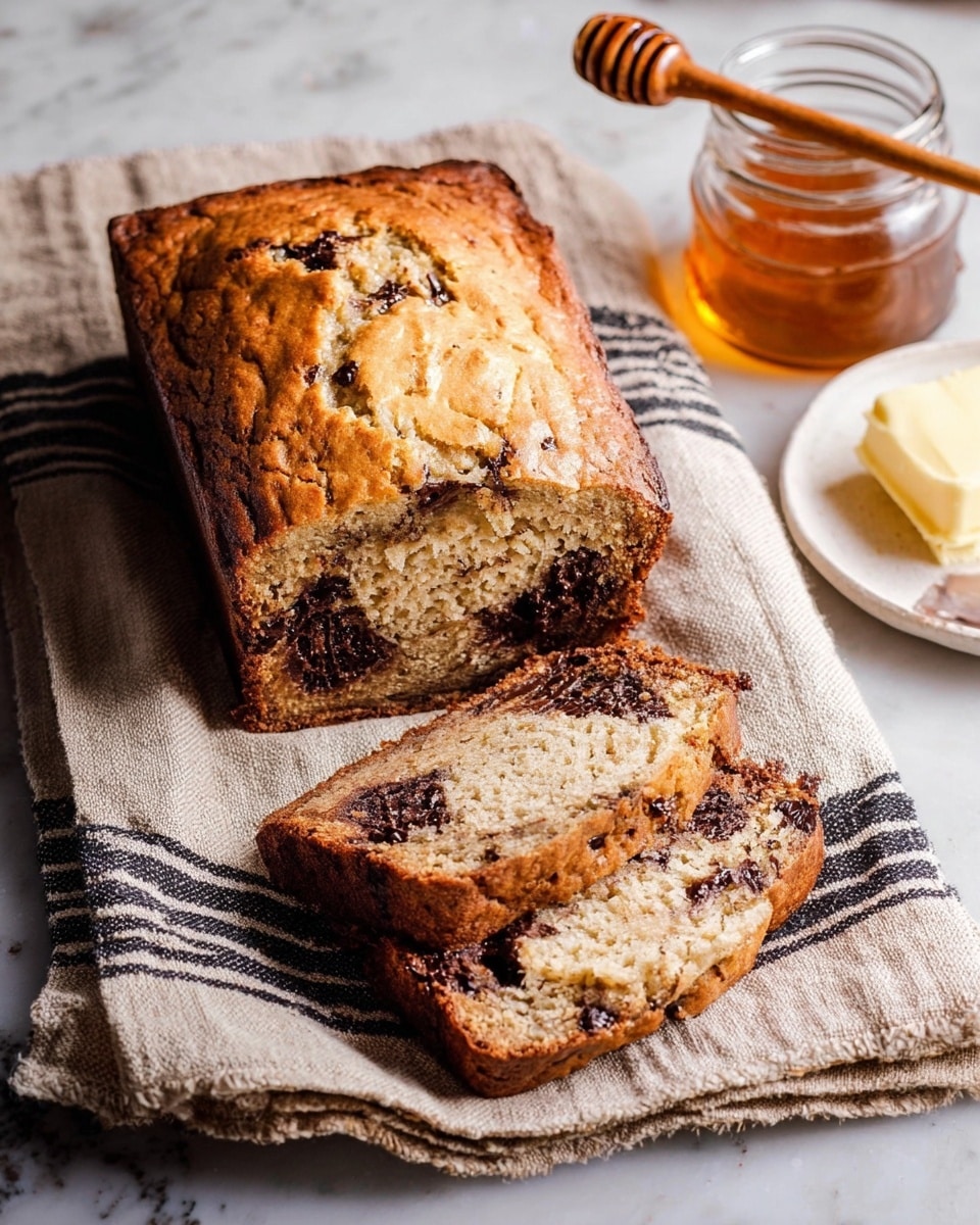A loaf of banana bread with a golden brown top and a slightly cracked surface is placed on a beige cloth with black stripes, set on a white marbled texture. Two slices are cut from the loaf, showing a light brown inside with dark chocolate chunks spread throughout. To the right, there is a glass jar of honey with a wooden honey dipper and a white plate with a piece of butter. The overall look is warm and rustic, highlighting the soft texture and rich chocolate inside the bread photo taken with an iphone --ar 4:5 --v 7